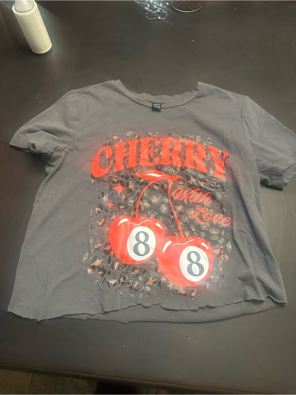 SHEIN Gray Tee with Red Cherry 8-Ball Graphic